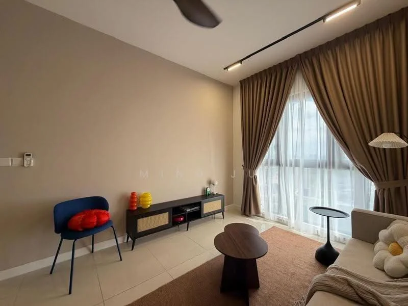 Living features: beige painted walls, floor-to-ceiling windows, sheer curtains, 3-blade ceiling fan, light wood coffee table, beige area rug, grey fabric sofa, blue accent chair, TV console with storage, decorative cushions, decorative objects on console; style: modern.