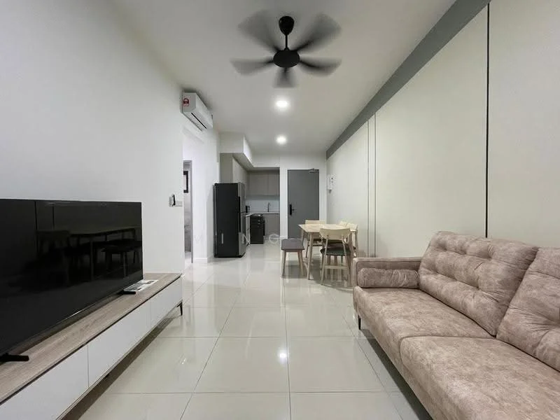 Living features: 3-seater fabric sofa in beige, coffee table, wall-mounted TV, TV console, recessed LED downlights, 5-blade ceiling fan with light, white painted walls, glossy tile flooring, open layout to kitchen and dining area; style: modern. Kitchen features: kitchen cabinets, stainless-steel sink, built-in oven, freestanding range oven, refrigerator, countertop, tile backsplash; style: modern. Dining features: 4-seater dining table, wooden dining chairs; style: modern.