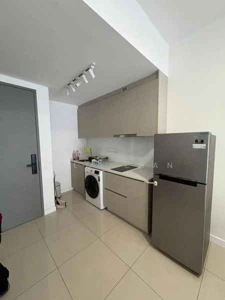 Kitchen features: light grey cabinetry, white countertop, stainless-steel fridge, front-load washing machine, ceramic tile flooring, recessed downlights, built-in oven, glass backsplash, single-bowl stainless-steel sink, chrome pull-down faucet; style: modern.