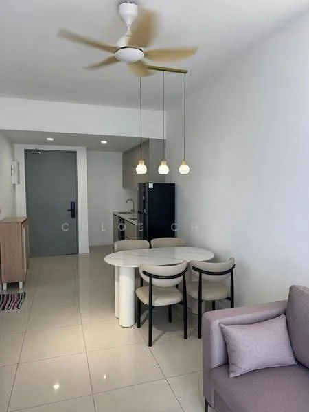 Dining features: round dining table, 4 dining chairs, 3 pendant lights, 5-blade ceiling fan with light, white walls, glossy tile flooring, kitchen area visible in background, sofa in living area visible; style: modern.