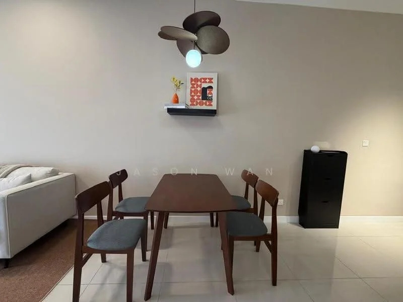 Dining features: wooden dining table, 4 wooden dining chairs with upholstered seats, pendant light fixture, decorative wall shelf, framed artwork on wall, ceramic vase with flower, white wall, glossy tile flooring; style: modern.