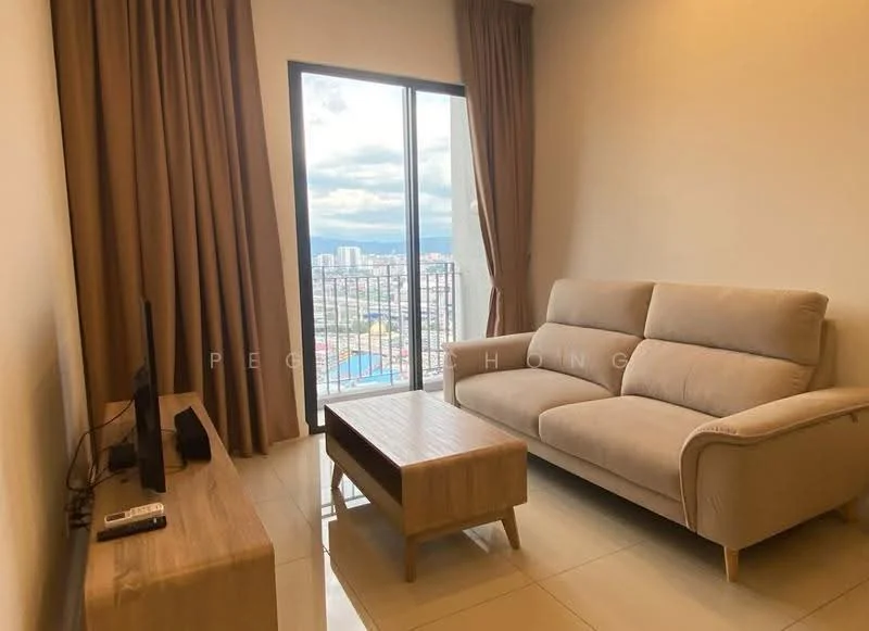 Living features: beige fabric sofa, wooden coffee table, floor-to-ceiling windows, city skyline view, light-colored walls, curtains in beige, polished tile flooring, wall-mounted TV, remote control on coffee table; style: modern; view: city.