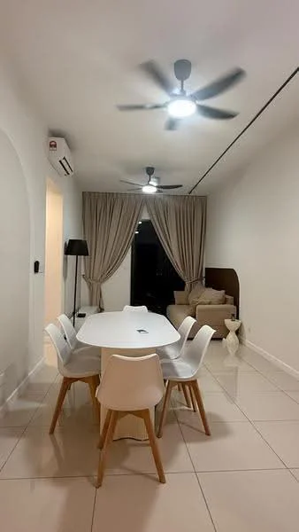 Dining features: round dining table, white dining chairs, 2 ceiling fans with lights, cream curtains, wall-mounted air conditioning unit, tile flooring, neutral painted walls, decorative side table, sofa in background; style: modern.