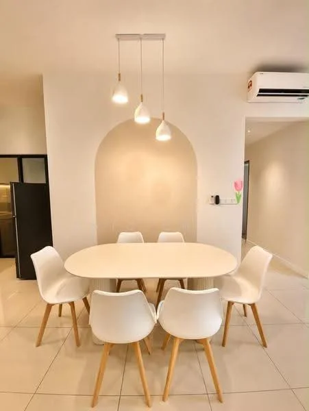 Dining features: round dining table, white tabletop, 6 white dining chairs with wooden legs, 3 pendant lights, white walls, tile flooring, wall-mounted air conditioning unit, arched wall feature; style: modern.