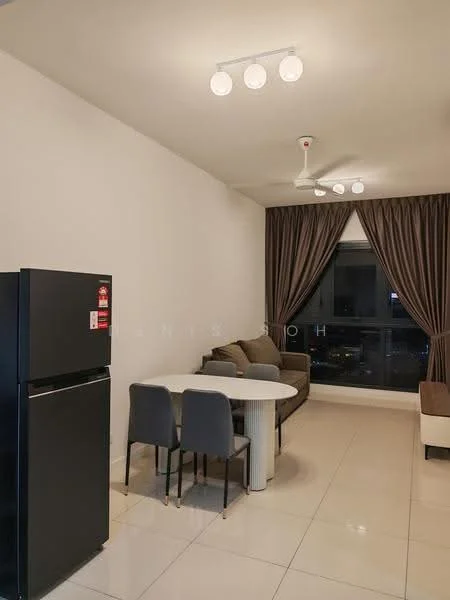 Living features: 3-seater fabric sofa in beige, round dining table, 4 dining chairs in grey, black refrigerator, white tiled flooring, recessed ceiling lights, ceiling fan, floor-to-ceiling window with city view, curtains in brown, wall-mounted TV console; style: modern; view: city.