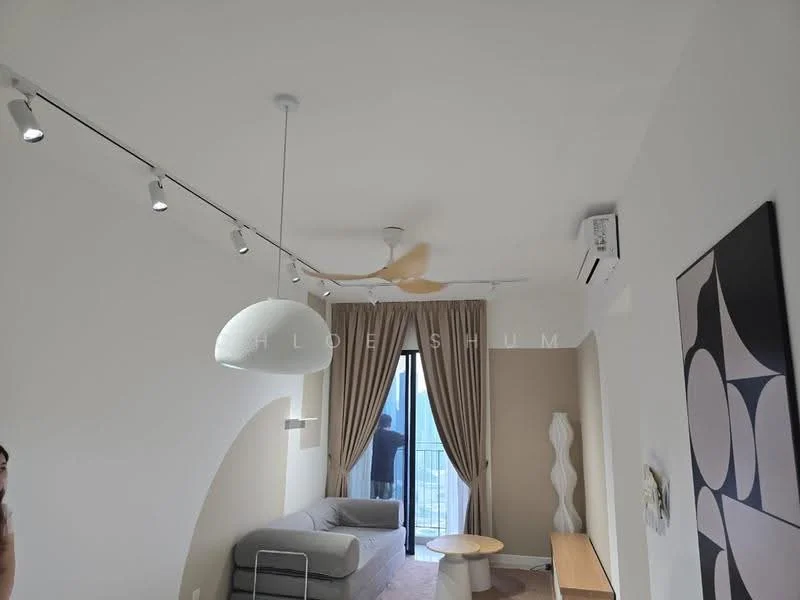 Living features: 5-blade ceiling fan with light, recessed LED downlights, floor-to-ceiling windows, sheer curtains, light grey fabric sofa, round white pendant lamp, decorative wall art, air conditioning unit, light beige painted walls, wooden flooring; style: modern; view: city.