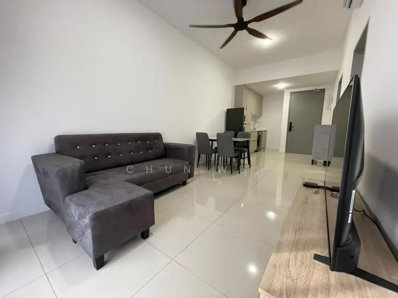 Living features: 3-seater fabric sofa in grey, sectional sofa with chaise, coffee table, wall-mounted TV, TV console, ceiling fan, white painted walls, glossy tile flooring, open layout to dining area, natural light from windows; style: modern. Dining features: 4-seater dining table, upholstered dining chairs, open layout to living area, white painted walls, glossy tile flooring; style: modern. Kitchen features: kitchen cabinetry, stainless-steel fridge, built-in oven, countertop, glossy tile flooring, open layout to dining area; style: modern.