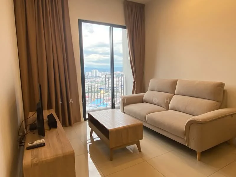 Living features: beige fabric 3-seater sofa, wooden coffee table, floor-to-ceiling windows, curtains in light brown, TV console, wall-mounted TV, polished ceramic tile flooring, neutral painted walls; style: modern; view: city.