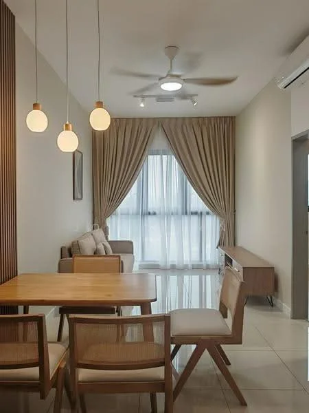 Living features: 3-seater fabric sofa in light beige, wooden dining table, 4 wooden dining chairs, pendant lighting with three globe bulbs, ceiling fan with light, floor-to-ceiling windows, sheer curtains, light-colored painted walls, glossy tile flooring, wooden TV console; style: modern.
