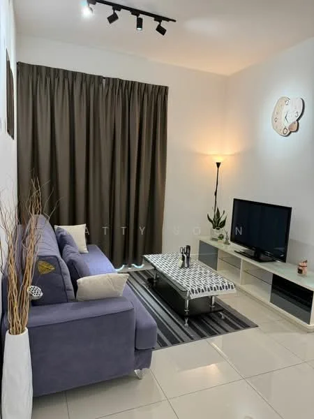Living features: 3-seater fabric sofa in purple, coffee table with black and white stripes, TV console, wall-mounted TV, area rug with geometric pattern, floor lamp, decorative wall clock, curtains in dark brown, recessed downlights, white tiled flooring; style: modern.