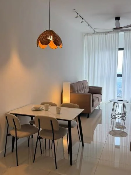 Dining features: 4-seater dining table with marble top, upholstered dining chairs in beige, pendant lamp with woven shade, floor-to-ceiling windows with sheer curtains, polished ceramic tile flooring, sofa in light brown, side table with metallic finish, decorative floor lamp; style: modern; view: city.