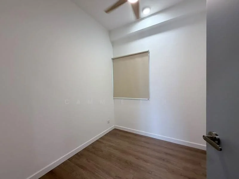 Room features: white painted walls, laminate flooring, ceiling fan, window with roller blinds.