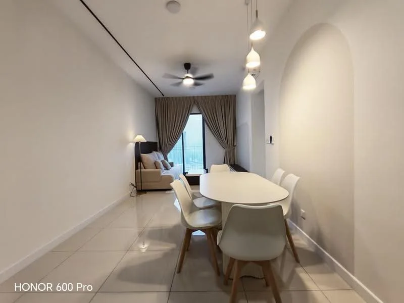 Dining features: white dining table, 4 white dining chairs, pendant lighting, floor-to-ceiling windows, curtains, light-colored walls, tile flooring, ceiling fan; style: modern; view: city. Living features: beige sofa, floor lamp, decorative cushions, coffee table, area rug; style: modern; view: city.
