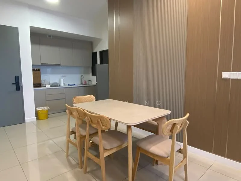 Dining features: 4-seater dining table, wooden dining chairs with upholstered seats, light grey cabinetry, stainless-steel fridge, white walls, cream tiled flooring, recessed ceiling lights, kitchen area visible in background; style: modern.
