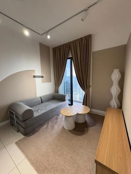 Living features: grey fabric sofa, round coffee table, light wood TV console, beige painted walls, cream accent wall, floor-to-ceiling windows, sheer curtains, area rug, recessed downlights; style: modern; view: city.