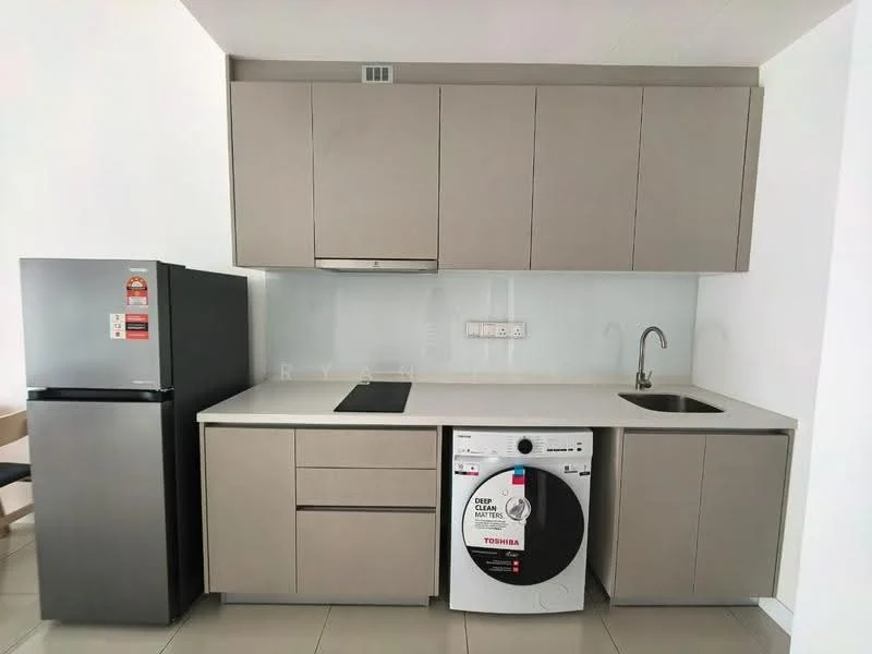 Kitchen features: grey flat-panel cabinets, white quartz countertop, single-bowl stainless-steel sink, chrome pull-down faucet, built-in electric cooktop, stainless-steel fridge, front-load washing machine, white backsplash, tile flooring, under-cabinet lighting; style: modern.