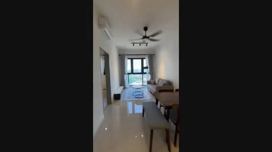 Living features: white painted walls, glossy tile flooring, 5-blade ceiling fan with light, sofa in beige, coffee table, dining table with chairs, floor-to-ceiling windows, curtains, area rug with geometric pattern, wall-mounted TV, decorative wall art; style: modern; view: city.