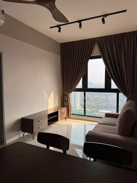 Living features: floor-to-ceiling windows, brown curtains, 3-seater fabric sofa in grey, wooden TV console, recessed LED downlights, polished tile flooring, ceiling fan, decorative wall with neutral paint; style: modern; view: city.
