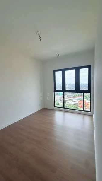 Room features: white painted walls, laminate flooring, floor-to-ceiling windows, city view, two light fixtures on ceiling; style: modern; view: city.
