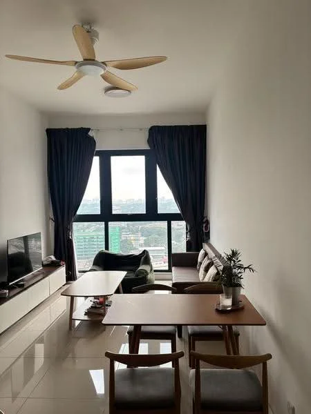 Living features: 5-blade ceiling fan with light, floor-to-ceiling windows, blackout curtains, light-coloured sofa, coffee table, TV console, wall-mounted TV, area rug, decorative plant, dining table with chairs; style: modern; view: city.