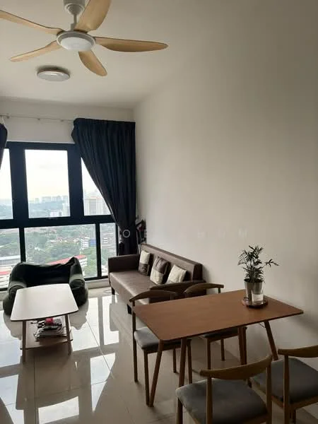 Living features: 5-blade ceiling fan, floor-to-ceiling windows, curtains, sofa with cushions, wooden coffee table, dining table with chairs, ceramic tile flooring, neutral painted walls; style: modern; view: city.