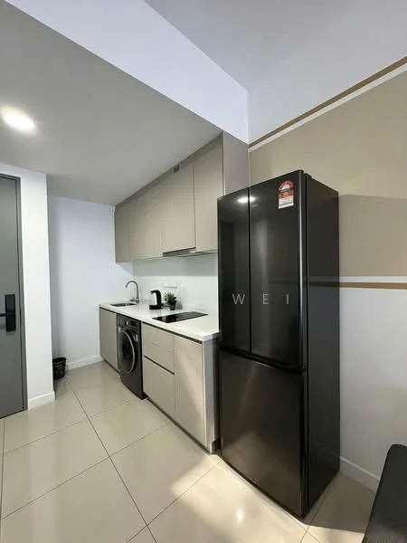 Kitchen features: grey flat-panel cabinets, white quartz countertop, single-bowl stainless-steel sink, chrome pull-down faucet, built-in oven, freestanding range oven, black refrigerator, front-load washing machine, ceramic tile flooring, recessed downlights, white painted walls; style: modern.