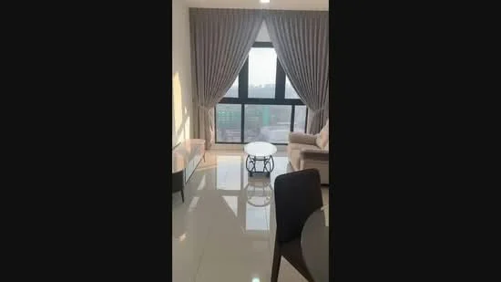 Living features: floor-to-ceiling windows, sheer curtains, beige fabric sofa, round coffee table with metal base, glossy tile flooring, recessed downlights, decorative wall, city view; style: modern; view: city.