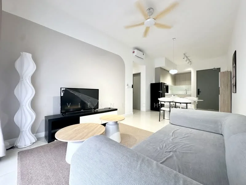Living features: light grey fabric sofa, coffee table with round top, white side tables, TV console, wall-mounted TV, 5-blade ceiling fan with light, recessed LED downlights, cream painted walls, white floor tiles, decorative floor lamp, dining table with chairs, open layout to kitchen; style: modern.