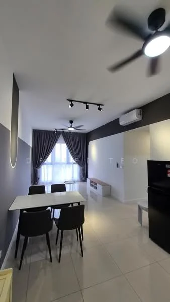 Dining features: white dining table, 4 black dining chairs, 2-blade ceiling fan, recessed LED downlights, wall-mounted air conditioning unit, grey accent wall, white painted walls, large windows with sheer curtains, light-colored flooring, TV console, decorative wall shelf; style: modern.