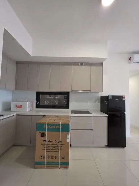 Kitchen features: light grey cabinetry, white countertop, built-in oven, stainless-steel fridge, ceramic tile flooring, single-bowl stainless-steel sink, chrome pull-down faucet, black glass cooktop, open shelving, washer dryer in box, recessed downlights; style: modern.