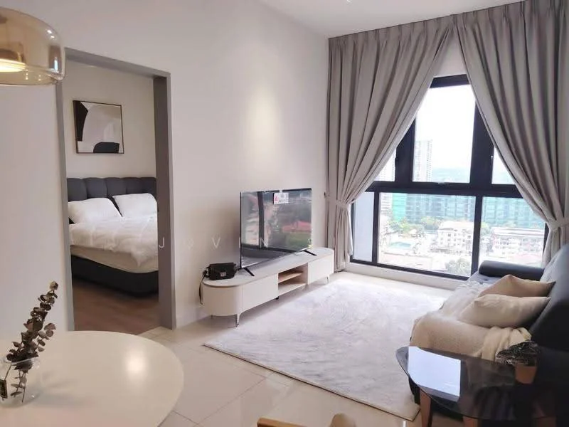 Living features: grey fabric sofa, white area rug, wall-mounted TV, TV console, floor-to-ceiling windows, curtains, light-colored walls, recessed downlights; style: modern; view: city. Bedroom features: queen-size bed, white bedding, nightstand, lamp, light-colored walls, curtains; style: modern.