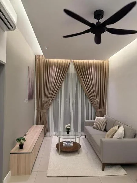 Living features: 3-seater fabric sofa in light grey, glass coffee table, wooden TV console, 5-blade ceiling fan with light, floor-to-ceiling windows with sheer curtains, beige drapes, wall-mounted air conditioning unit, area rug with neutral color, decorative plant on coffee table, framed artwork on wall; style: modern.