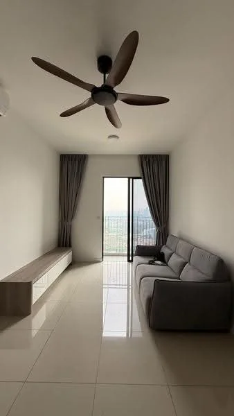 Living features: 3-seater fabric sofa in grey, wooden TV console, floor-to-ceiling windows, sliding glass door, 5-blade ceiling fan with light, curtains, glossy tile flooring, neutral painted walls; style: modern; view: city.