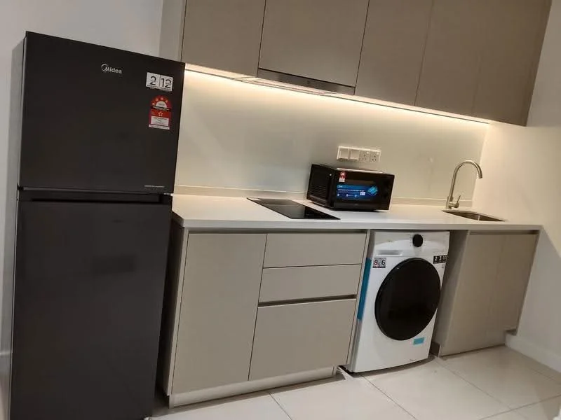 Kitchen features: grey cabinetry, white countertop, single-bowl stainless-steel sink, chrome pull-down faucet, stainless-steel fridge, built-in microwave, front-load washing machine, tile flooring, recessed LED downlights; style: modern.