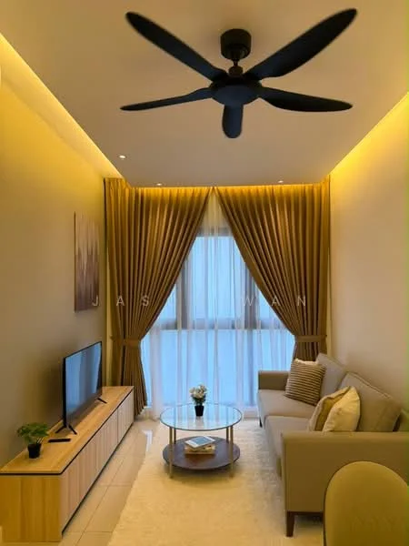 Living features: 3-seater fabric sofa in light grey, coffee table with glass top, TV console in light wood, wall-mounted TV, 5-blade ceiling fan in black, floor-to-ceiling windows, sheer curtains, decorative wall art, area rug in cream, potted plant on console, accent pillows in beige and white; style: modern; view: city.