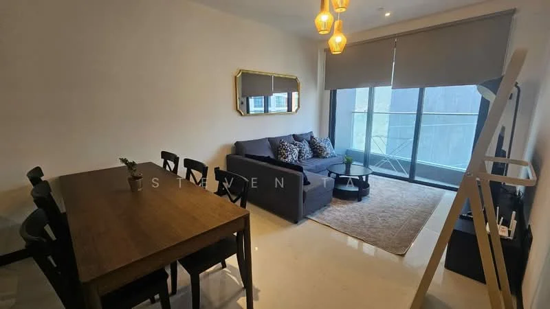 Living features: grey fabric sofa, decorative cushions, area rug, floor-to-ceiling windows, sheer roller blinds, wooden coffee table, TV console, wall-mounted TV, hanging pendant lights, wooden flooring, decorative wall mirror; style: modern; view: city. Dining features: 6-seater wooden dining table, black dining chairs, decorative plant on table; style: modern.
