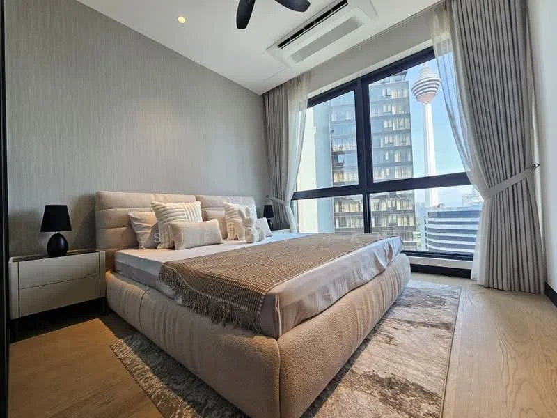 Bedroom features: king-size bed with upholstered headboard, white bedding with decorative pillows, bedside table with lamp, floor-to-ceiling windows, curtains, wooden flooring, ceiling fan, recessed downlights, decorative area rug; style: modern; view: city.