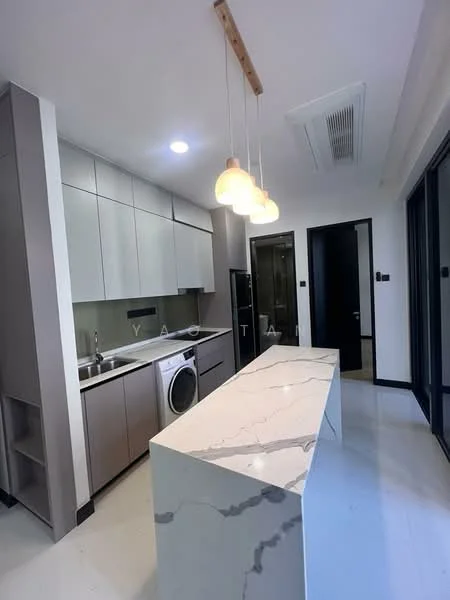 Kitchen features: marble countertop, stainless-steel sink, built-in oven, freestanding washing machine, white cabinetry, grey lower cabinets, recessed downlights, pendant lighting, sliding glass door, floor-to-ceiling windows, open shelving, tile flooring; style: modern.