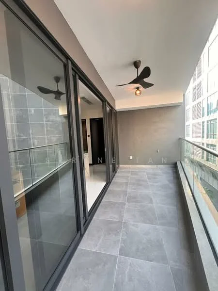 Balcony features: grey tiled flooring, glass railing, ceiling fan, sliding glass doors, exposed concrete wall, neutral painted walls; view: city.