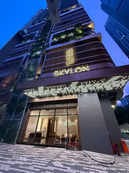 Exterior type: high-rise condominium; features: glass curtain wall, brown painted facade, recessed balconies, feature lighting at night, manicured landscaping, paved walkway, main entrance with glass doors, signage with 'SKYLON', modern architectural design; style: modern.