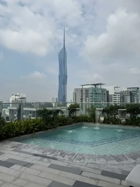 Exterior type: swimming pool deck; features: infinity pool, surrounding greenery, stone-paved deck, water features, city skyline view, modern architecture, loungers by the pool, glass railing; style: modern.