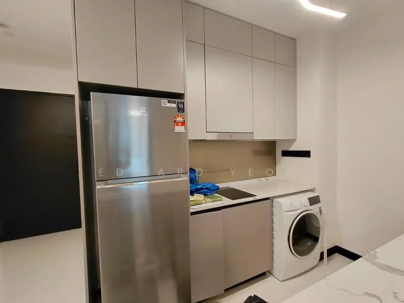 Kitchen features: stainless-steel fridge, built-in oven, ceramic cooktop, white cabinetry with flat-panel design, white quartz countertop, single-bowl stainless-steel sink, chrome pull-down faucet, front-load washing machine, light-colored backsplash, recessed LED downlights, white walls, black trim, open shelving; style: modern.