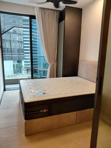 Bedroom features: queen-size bed base, mattress on bed base, floor-to-ceiling windows, sheer curtains, wooden flooring, built-in wardrobe, ceiling fan, wall-mounted light fixture, neutral wall color, balcony access; style: modern; view: city.