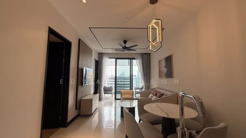 Living features: 5-blade ceiling fan with light, wall-mounted TV, sofa in light fabric, coffee table, dining table for 2, floor-to-ceiling windows, sliding glass door, curtains, decorative wall art, marble flooring, recessed downlights; style: modern; view: city.