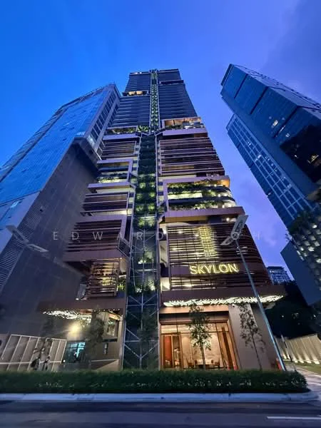 Exterior type: high-rise condominium; features: glass curtain wall, wooden slats on facade, vertical greenery, recessed balconies, feature lighting at night, approximately 30-storey high-rise, main entrance with large glass doors, surrounded by urban landscape; style: modern.