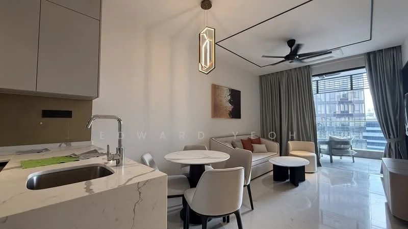 Living features: marble flooring, white painted walls, tray ceiling, 5-blade ceiling fan with light, floor-to-ceiling windows, curtains, sofa in light fabric, round dining table, upholstered dining chairs, decorative pendant light, artwork on wall; style: modern; view: city.