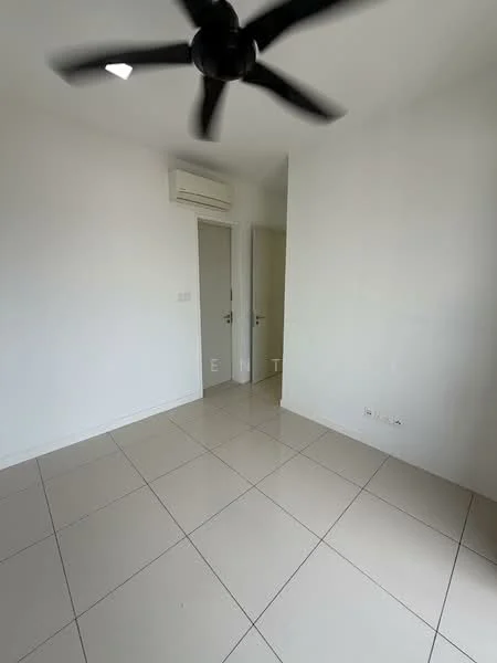 Room features: white painted walls, glossy ceramic tile flooring, ceiling fan, wall-mounted split AC, doorway leading to another room, neutral color scheme, no visible furniture, bright natural light; style: modern.