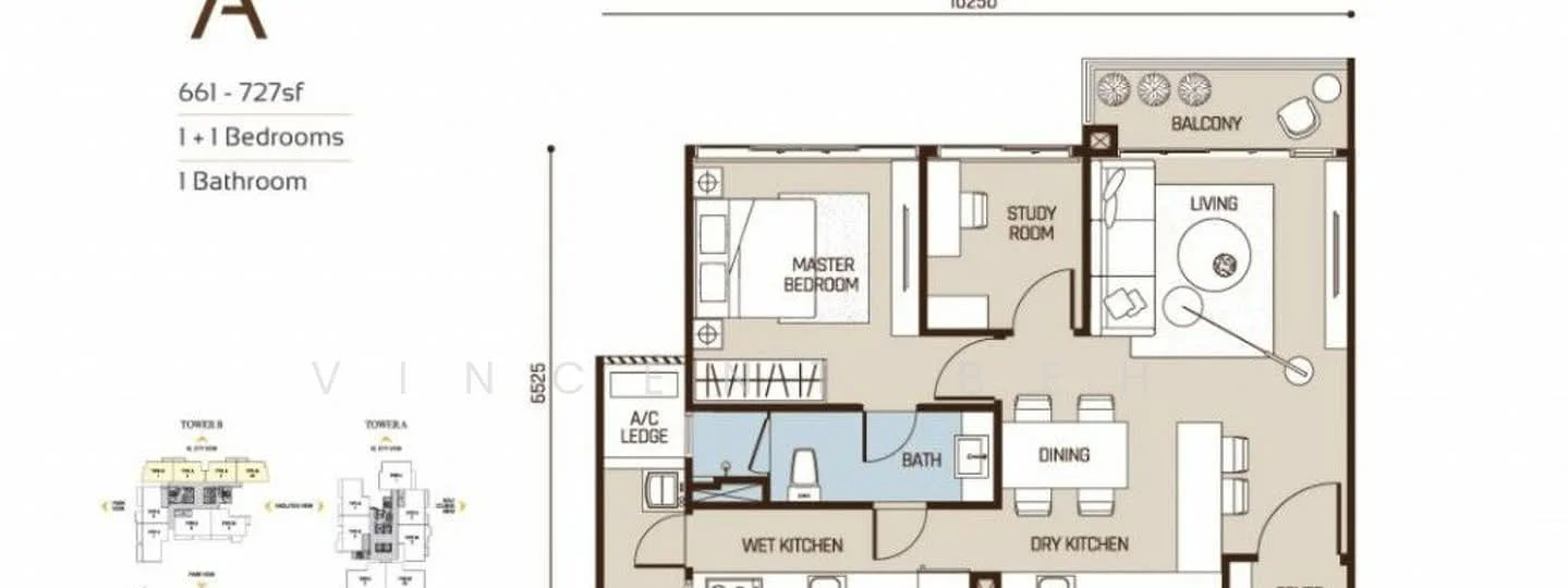 Floor plan: 1-bedroom 1-bathroom unit; features: open-plan kitchen-dining-living, master bedroom with ensuite bathroom, study room, balcony off living room, wet kitchen, dry kitchen, central foyer.