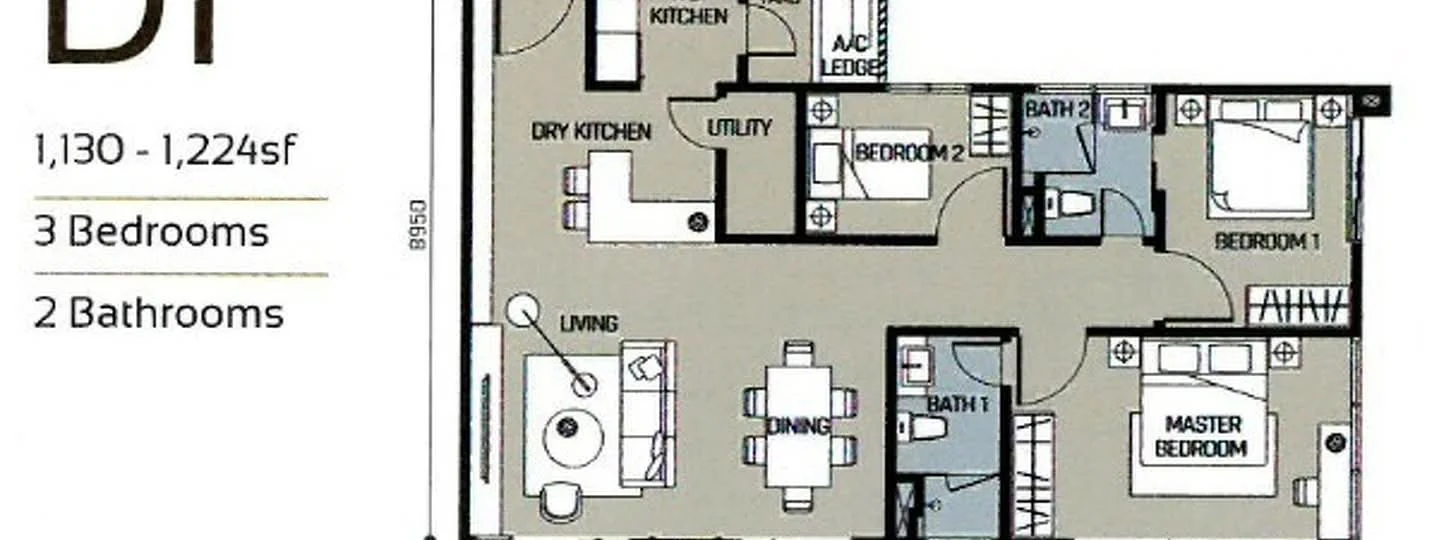 Floor plan: 3-bedroom 2-bathroom unit; features: open-plan kitchen-dining-living, master bedroom with ensuite bathroom, utility room, dry kitchen, balcony off living room, central foyer, 2 car porch, 1,224 sqft total.