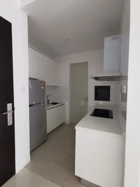 Kitchen features: white cabinetry, stainless-steel fridge, built-in oven, stainless-steel range hood, 4-burner induction hob, white quartz countertop, ceramic tile flooring, recessed downlights, single-bowl stainless-steel sink, sliding door to pantry, wall-mounted microwave; style: modern.